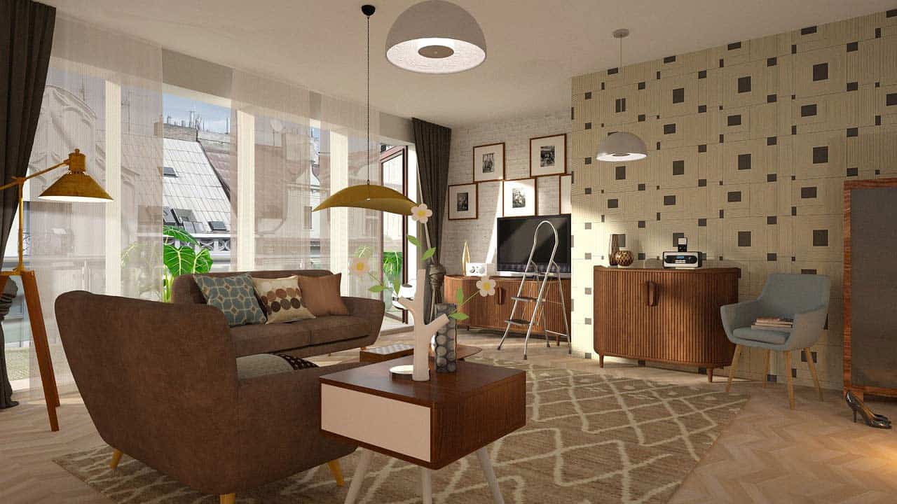Retro Wohnzimmer mit Tapete und Teppich