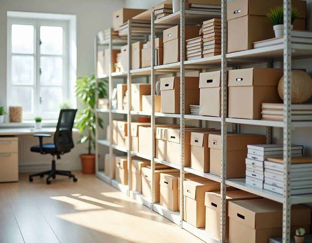 Fachbodenregal mit Kartons im Büro Fachbodenregal mit Kartons im Büro