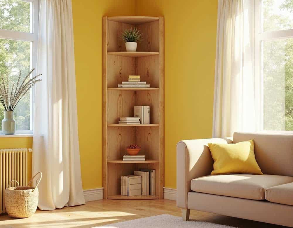 Hohes Eckregal aus Holz im Wohnzimmer