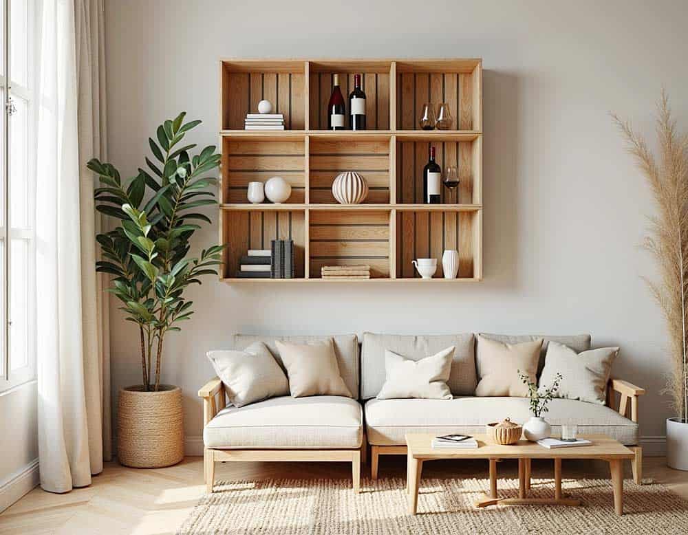 Wohnzimmer mit einem Deko Regal aus Weinkisten Wohnzimmer mit einem Deko Regal aus Weinkisten